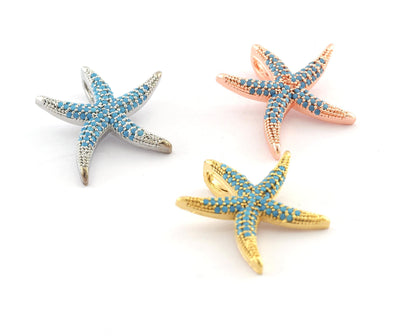 Starfish Star Pendant Micro Pave Rose Gold, Shiny Silver, Shiny Gold plated Brass blue rhinestone crystals 2068