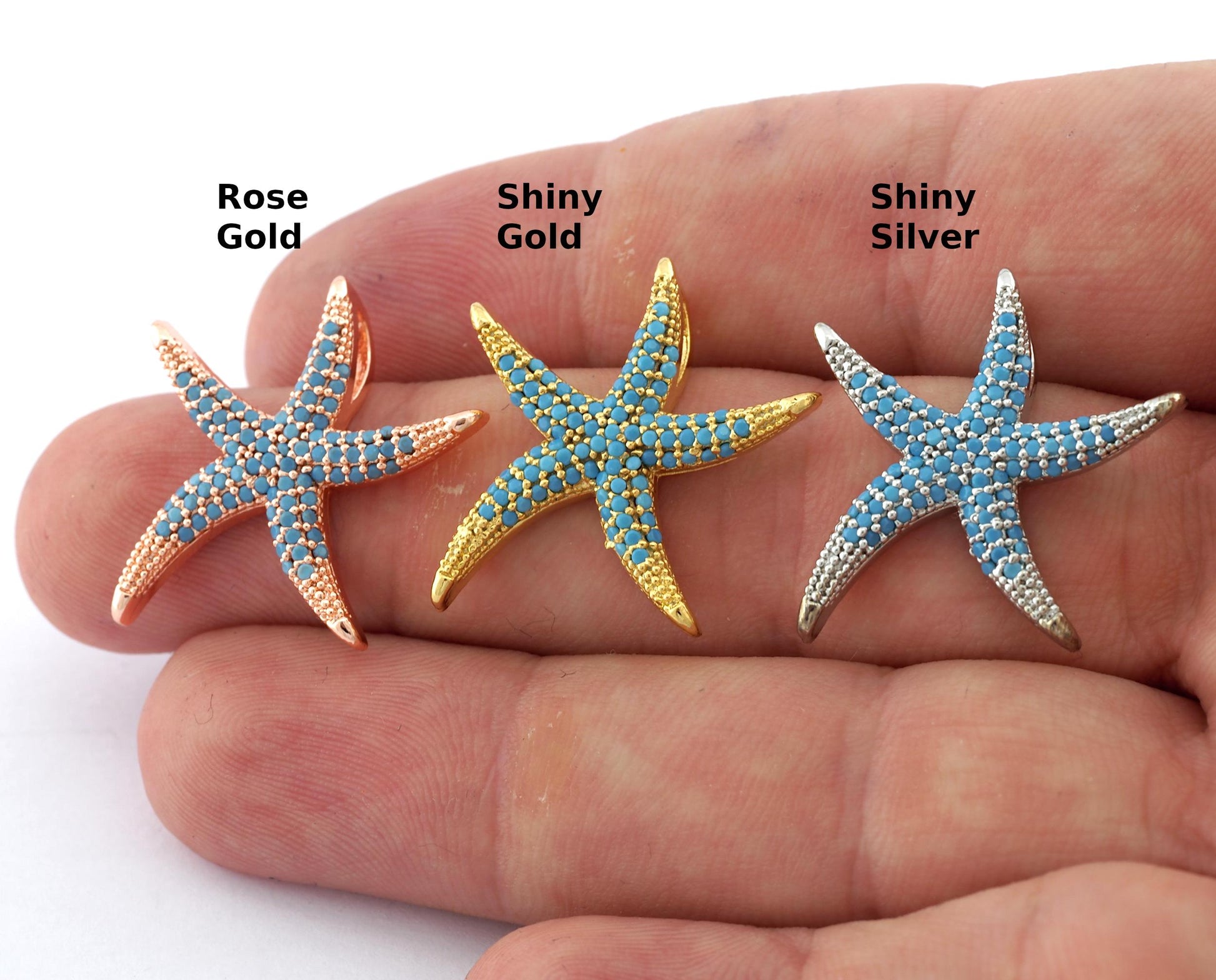 Starfish Star Pendant Micro Pave Rose Gold, Shiny Silver, Shiny Gold plated Brass blue rhinestone crystals 2068