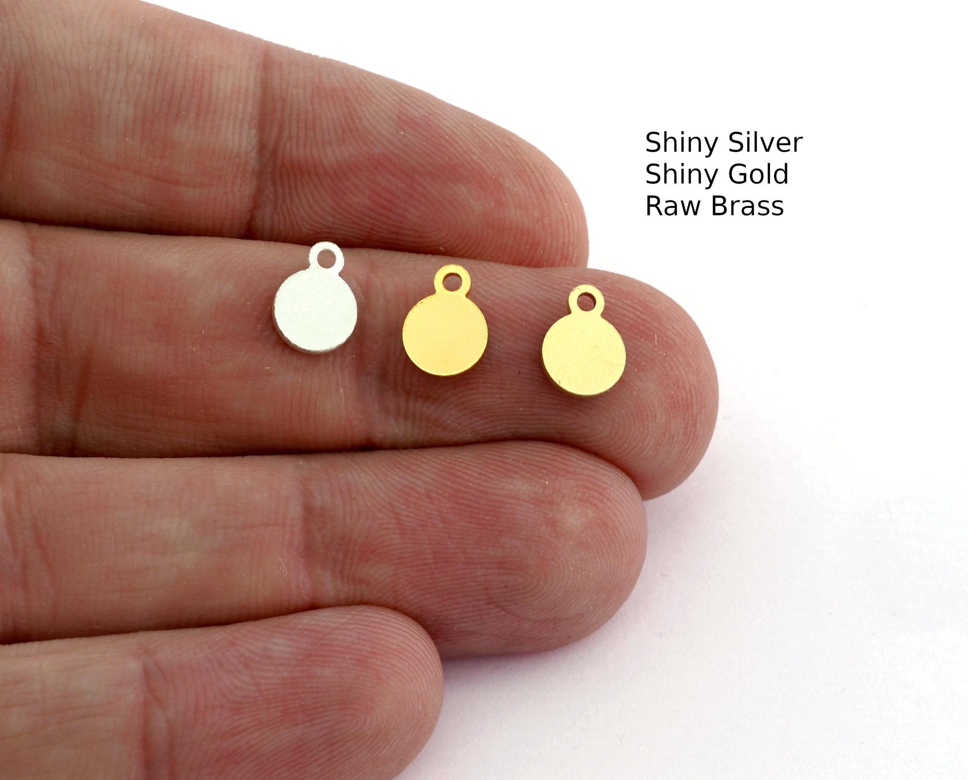 Small Round Circle Disc Tag Stamping Charms Shiny Gold, Shiny Silver, Raw Brass 7mm 1 hole Findings 2121