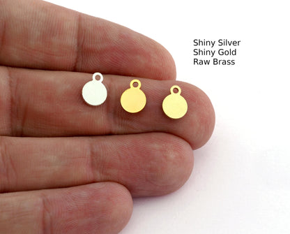 Small Round Circle Disc Tag Stamping Charms Shiny Gold, Shiny Silver, Raw Brass 7mm 1 hole Findings 2121