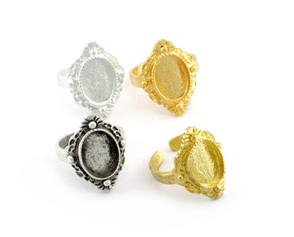 Oval Ring Blank Bezel, Adjustable Ring Base Bezel setting Raw Brass Antique silver Shiny Gold ( 10x14mm setting ) (7- 9US ) OZ5565