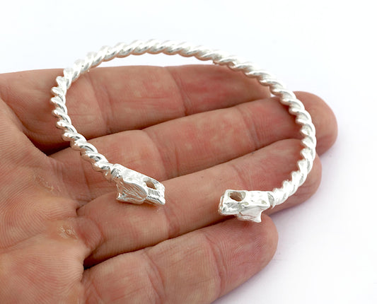 Dog Head Bracelet Swirl Adjustable Shiny Silver Plated Brass (64mm inner size - Adjustable ) OZ3160