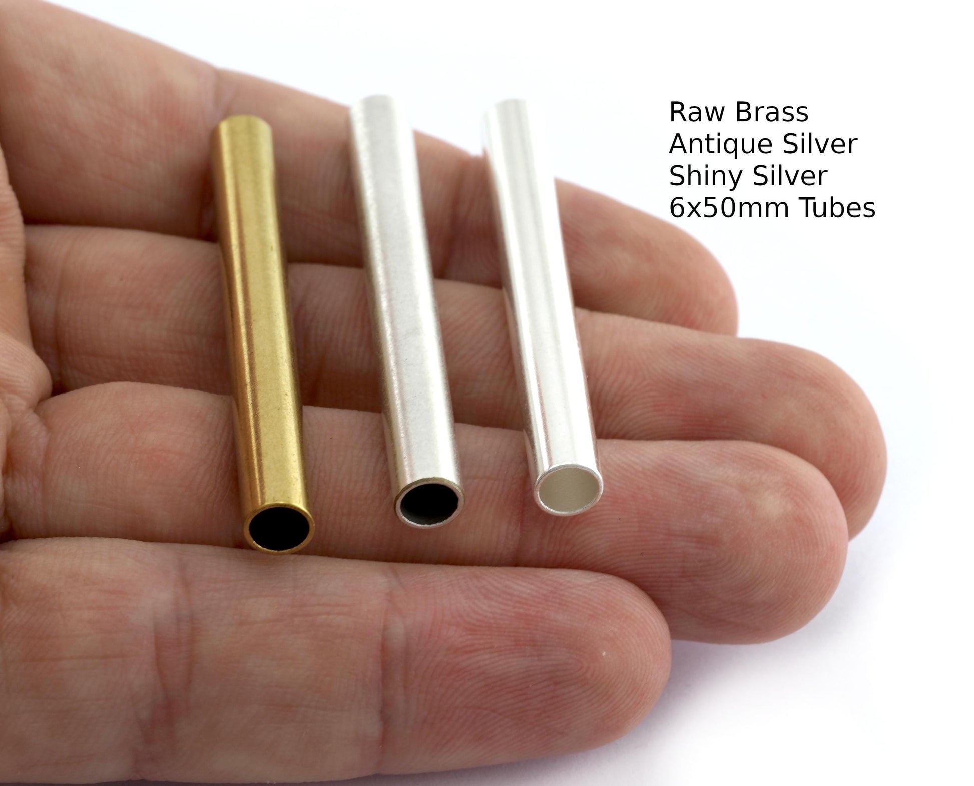 Cylinder Tube Round Raw Brass, Shiny Silver or Antique Silver Plated Brass Crafting Findings 6x50mm (hole 5mm ) BAB5 4994