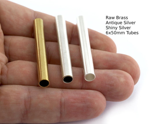 Cylinder Tube Round Raw Brass, Shiny Silver or Antique Silver Plated Brass Crafting Findings 6x50mm (hole 5mm ) BAB5 4994