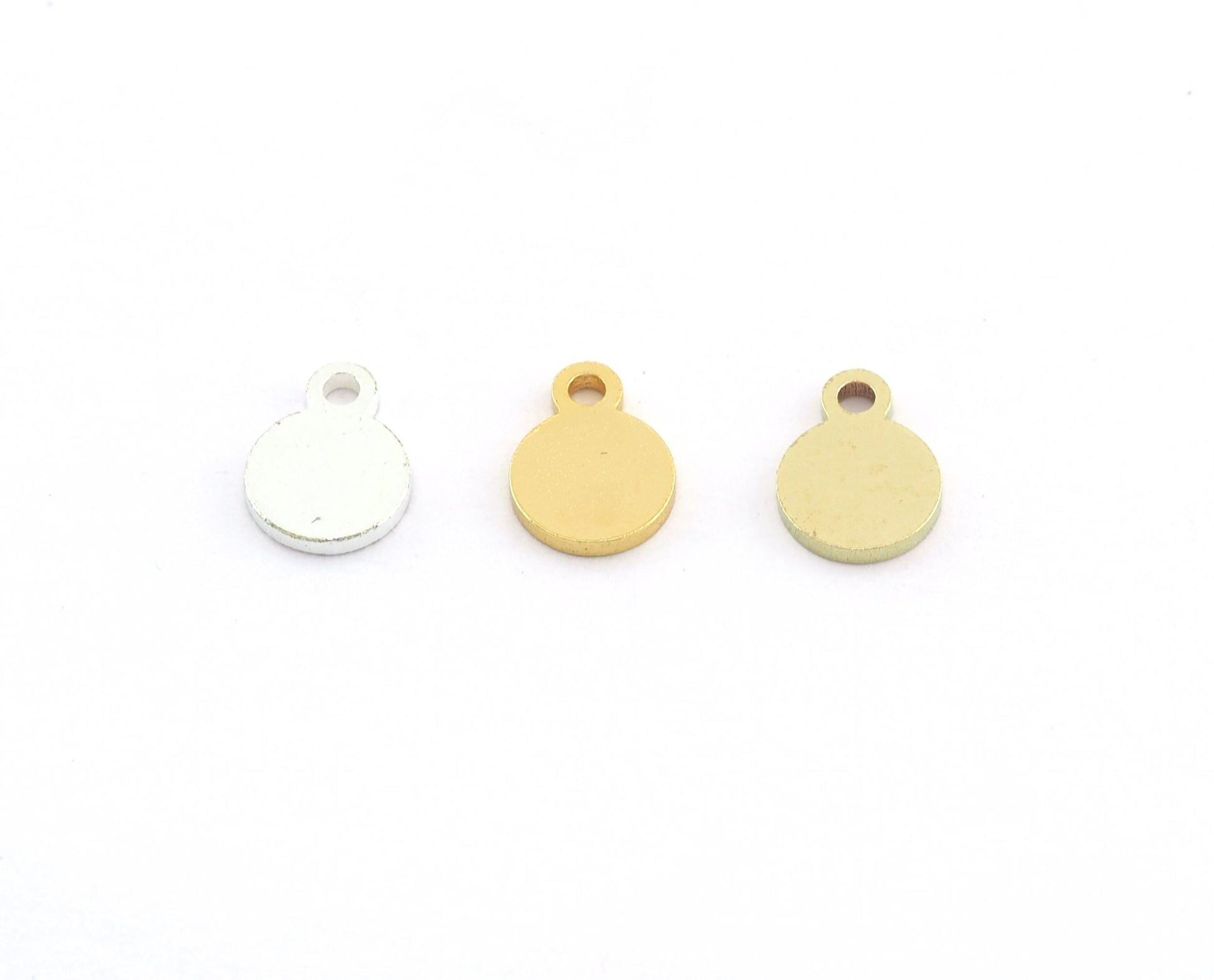 Small Round Circle Disc Tag Stamping Charms Shiny Gold, Shiny Silver, Raw Brass 7mm 1 hole Findings 2121