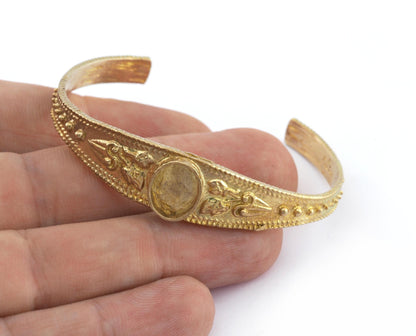 Boho Bracelet Blank, Oval Blank Bracelet Making Base, 10x8mm Blank Bezel Flower Bracelet Raw Brass (58mm inner size - Adjustable ) 5579