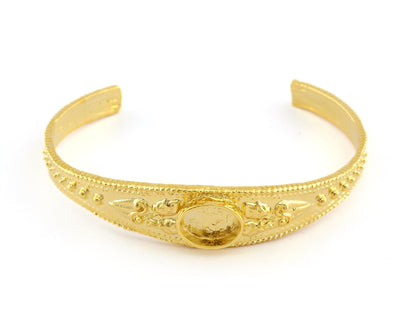 Boho Bracelet Blank, Oval Blank Bracelet Making Base, 10x8mm Blank Bezel Flower Bracelet Shiny Gold Brass (58mm size - Adjustable ) 5586 G