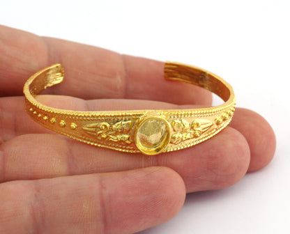 Boho Bracelet Blank, Oval Blank Bracelet Making Base, 10x8mm Blank Bezel Flower Bracelet Gold Plated Brass (58mm size - Adjustable ) 5579 G