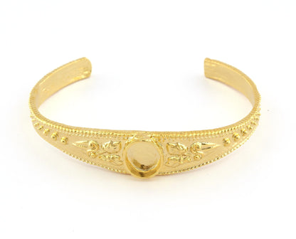 Boho Bracelet Blank, Oval Blank Bracelet Making Base, 10x8mm Blank Bezel Flower Bracelet Gold Plated Brass (58mm size - Adjustable ) 5579 G
