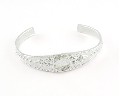 Boho Bracelet Blank, Oval Blank Bracelet Making Base, 10x8mm Blank Bezel Flower Bracelet Shiny Silver Brass (58mm size - Adjustable ) 5586 S