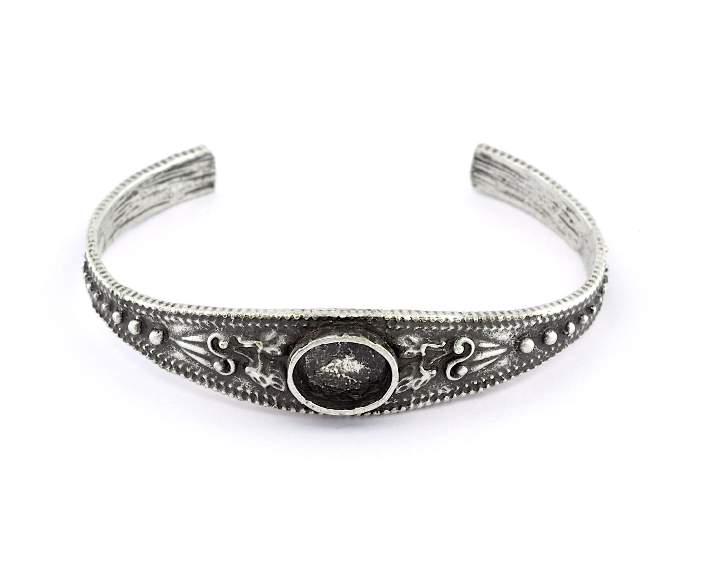 Boho Bracelet , Oval Blank Bracelet Making Base, 10x8mm Blank Bezel Flower Bracelet Antique Silver Brass (58mm size - Adjustable ) 5586 AS