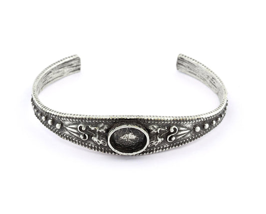 Boho Bracelet , Oval Blank Bracelet Making Base, 10x8mm Blank Bezel Flower Bracelet Antique Silver Brass (58mm size - Adjustable ) 5586 AS