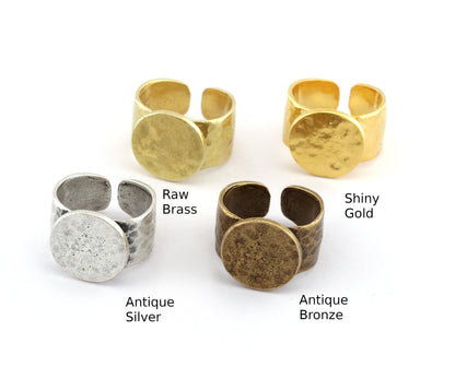 Hammered Ring Blank bezel setting Adjustable Raw brass, Antique silver, Antique Bronze, Shiny Gold ( 4-5US ) (12.6mm bezel) 5600