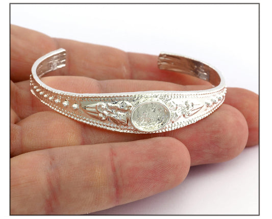 Boho Bracelet Blank, Oval Blank Bracelet Making Base, 10x8mm Blank Bezel Flower Bracelet Shiny Silver Brass (58mm size - Adjustable ) 5586 S