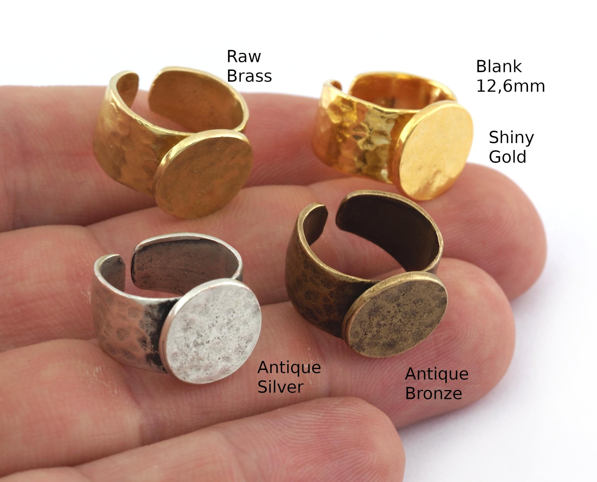 Hammered Ring Blank bezel setting Adjustable Raw brass, Antique silver, Antique Bronze, Shiny Gold ( 4-5US ) (12.6mm bezel) 5600