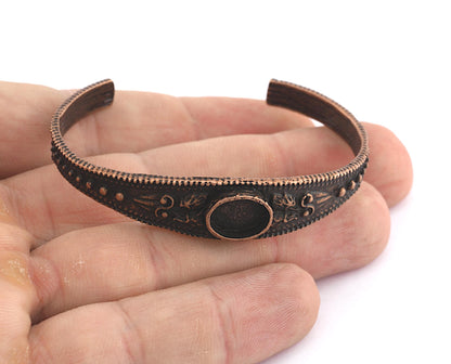 Boho Bracelet , Oval Blank Bracelet Making Base, 10x8mm Blank Bezel Flower Bracelet Antique Copper Brass (58mm size - Adjustable ) 5586 AC
