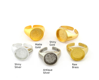 Signet Ring Adjustable ring size 6US - 9US Gold Silver or Raw Models with 12mm Blank base setting 3951