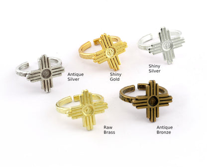 Zia Ring Sun Symbol Round Blank Bezel Settings Base Adjustable Raw Brass - Shiny silver - Antique silver -Gold, Bronze 4mm blank) OZ4975