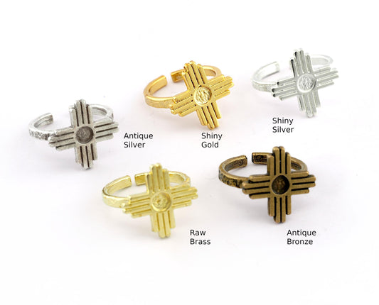 Zia Ring Sun Symbol Round Blank Bezel Settings Base Adjustable Raw Brass - Shiny silver - Antique silver -Gold, Bronze 4mm blank) OZ4975