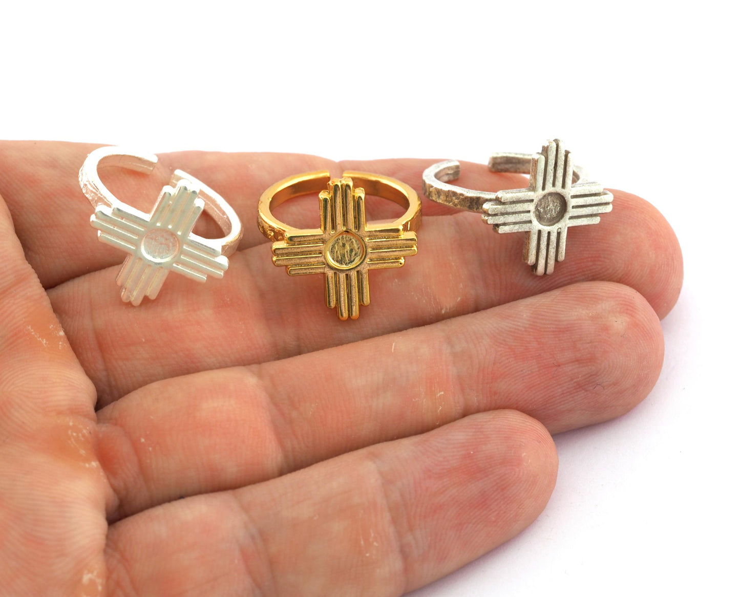 Zia Ring Sun Symbol Round Blank Bezel Settings Base Adjustable Raw Brass - Shiny silver - Antique silver -Gold, Bronze 4mm blank) OZ4975