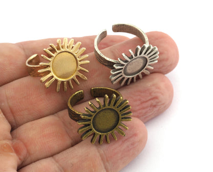 Sun Ring , Adjustable , Round Blank Bezel Setting - Raw Brass,Antique Silver Antique Bronze plated Brass (10mm Blank ) 5616