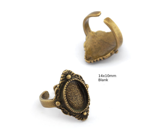 Oval Ring Blank Bezel, Adjustable Ring Base Bezel setting Brass Antique Bronze Plated ( 10x14mm setting ) (7- 9US ) OZ5565