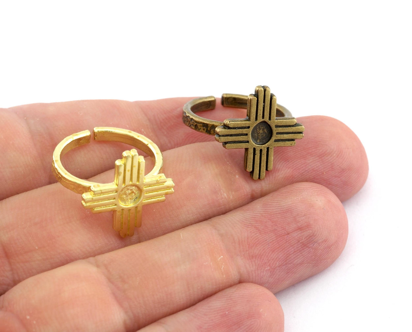 Zia Ring Sun Symbol Round Blank Bezel Settings Base Adjustable Raw Brass - Shiny silver - Antique silver -Gold, Bronze 4mm blank) OZ4975