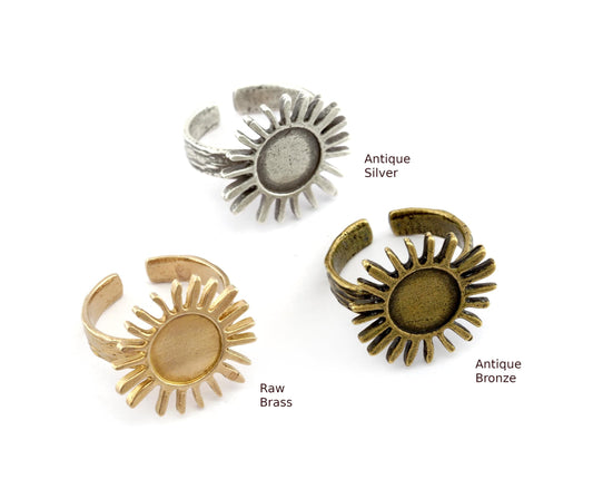 Sun Ring , Adjustable , Round Blank Bezel Setting - Raw Brass,Antique Silver Antique Bronze plated Brass (10mm Blank ) 5616