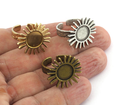 Sun Ring , Adjustable , Round Blank Bezel Setting - Raw Brass,Antique Silver Antique Bronze plated Brass (10mm Blank ) 5616