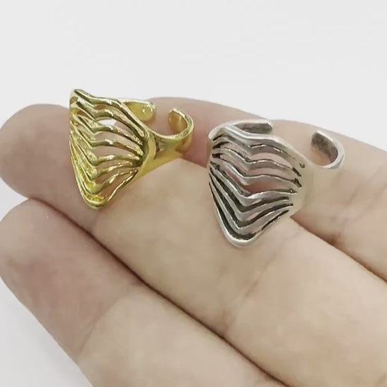 Lines Ring , Adjustable , Raw Brass,Antique Silver Shiny silver, Shiny gold plated Brass (8us) 5367
