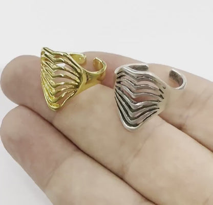 Lines Ring , Adjustable , Raw Brass,Antique Silver Shiny silver, Shiny gold plated Brass (8us) 5367
