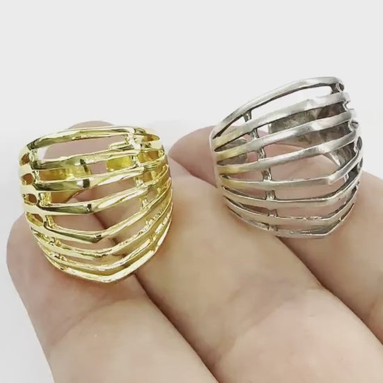 Horizontal Lines Ring , Adjustable , Raw Brass,Antique Silver Shiny silver, Shiny gold plated Brass (8us) 5354