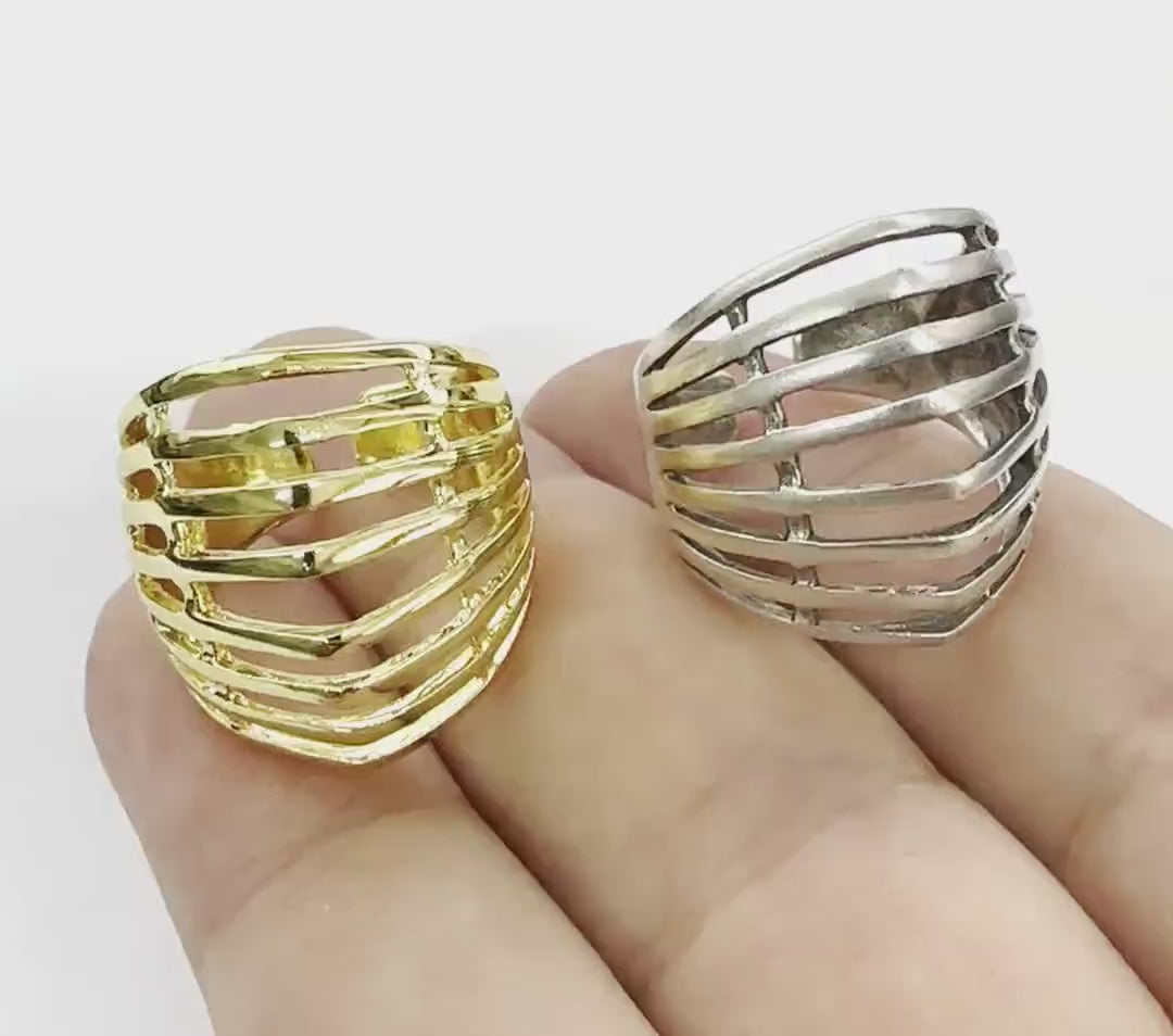 Horizontal Lines Ring , Adjustable , Raw Brass,Antique Silver Shiny silver, Shiny gold plated Brass (8us) 5354