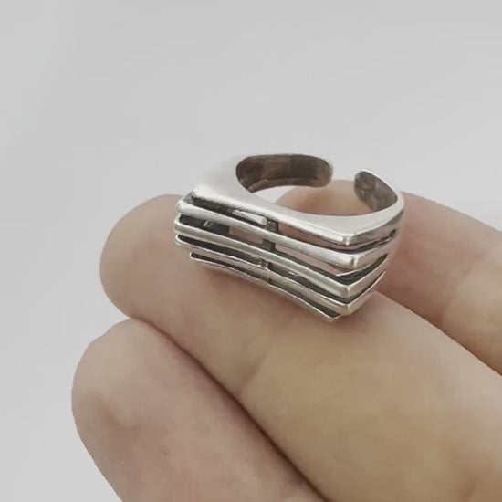 Lines Ring , Adjustable , Raw Brass,Antique Silver Shiny silver, Shiny gold plated Brass (8us) 5357