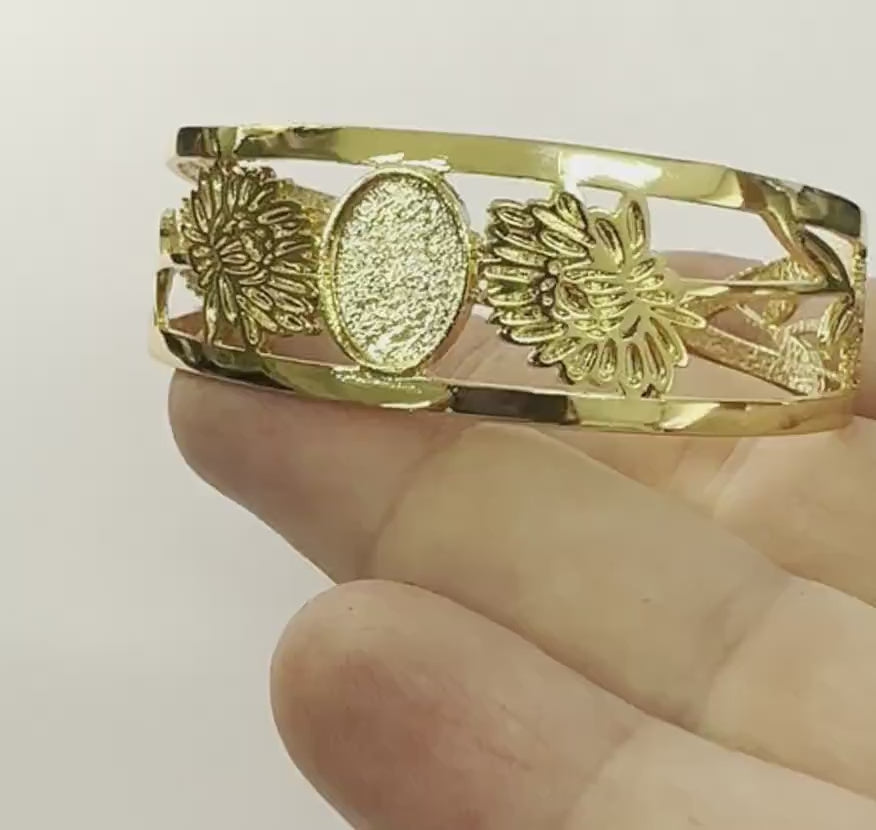 Oval Blank Flower Bracelet Monthly Flower (November Chrysanthemum) Base Setting Blank Bezel Shiny Gold Plated brass (10x14mm Blank ) 3001
