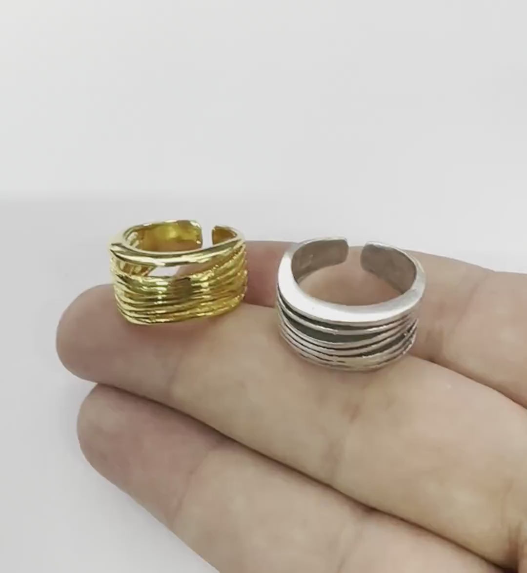 Lines Ring , Adjustable , Raw Brass,Antique Silver Shiny silver, Shiny gold plated Brass (8us) 5368