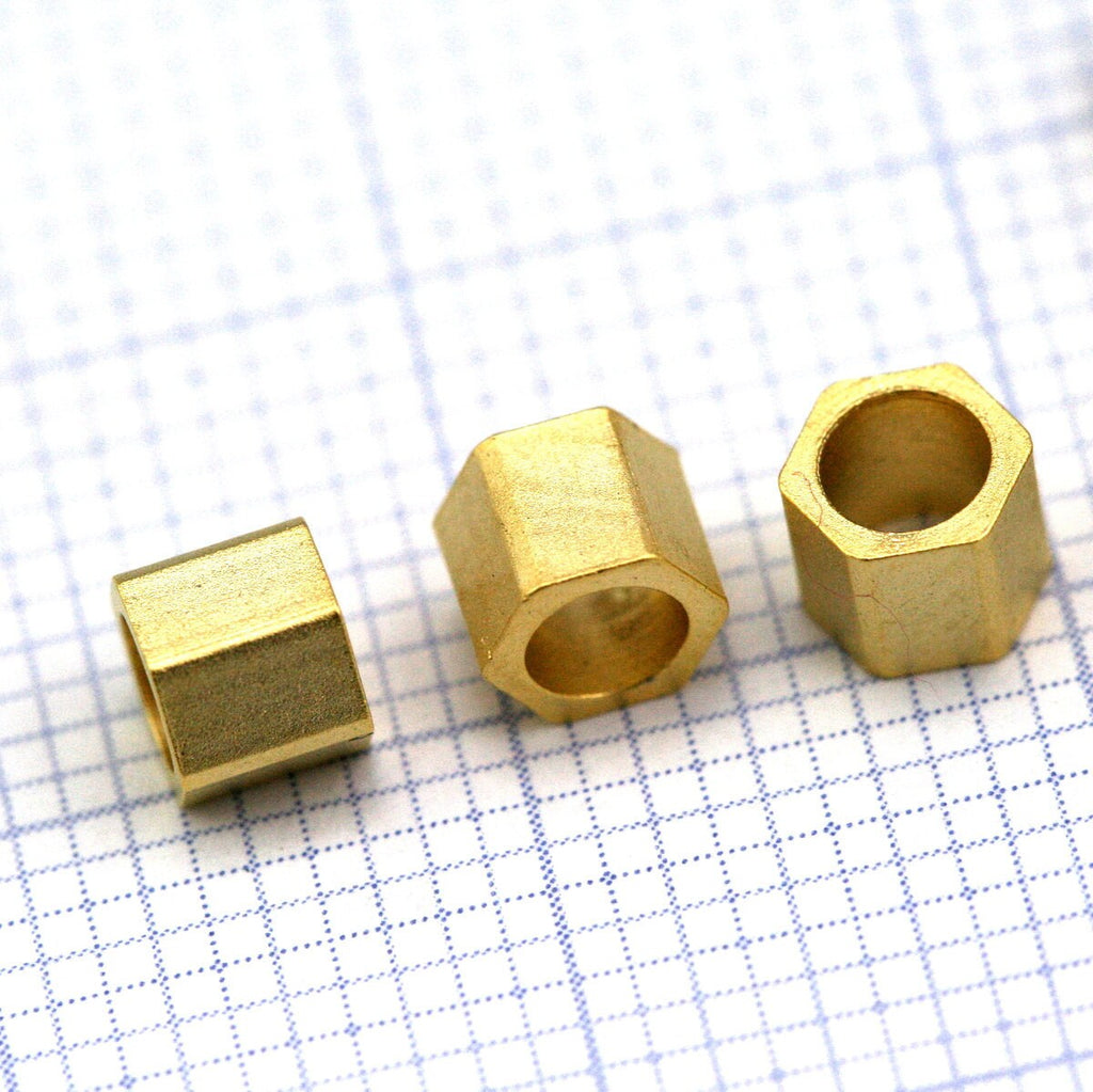 Hexagonal pendant beads 4x3.5mm 1/4"x9/64"  Gold Plated Brass industrial design 1300G
