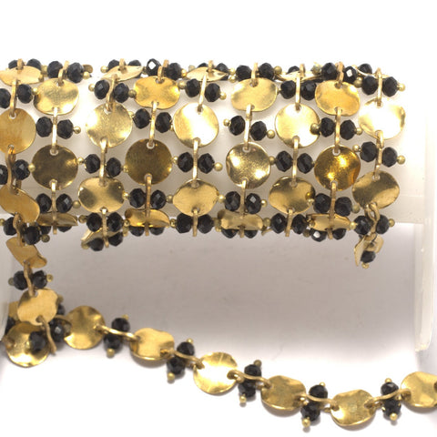 glass bead Sequin chain 8mm tag raw brass  with 2,5mm drop glass bead soldered chain 250