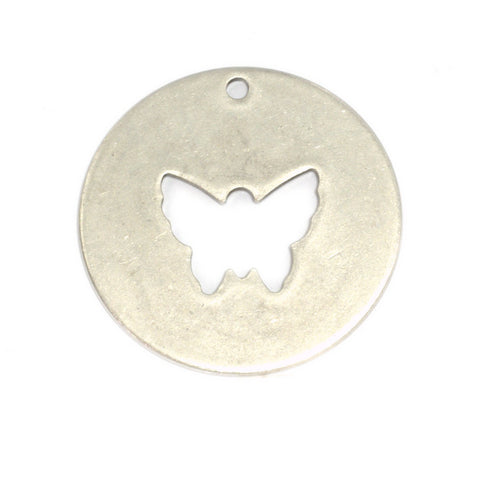 Butterfly tag 10 pcs 28mm silver plated  brass circle tag, thickness : 1mm 18 gauge , 1902-435