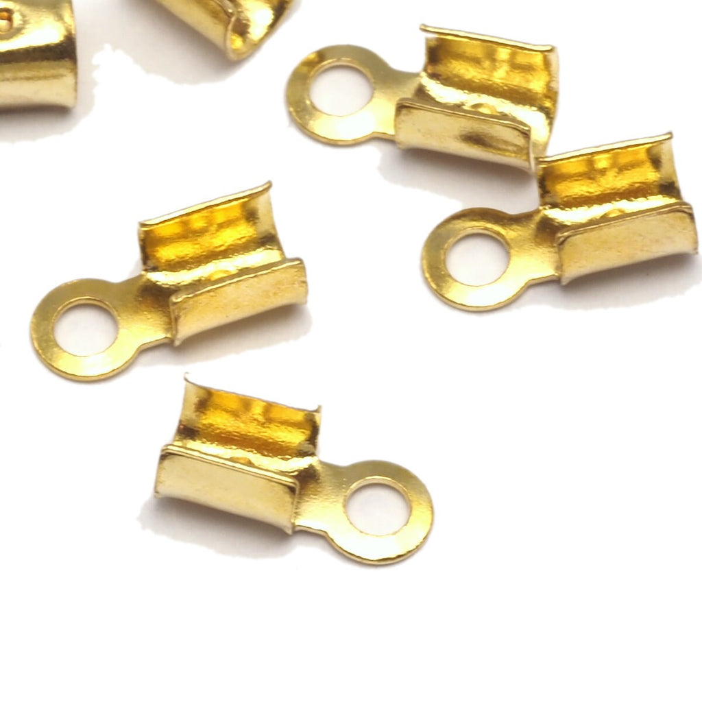 Leather crimps end tip (3mm) Yellow tone  brass fold over cord end tips findings CSS4TR-7 764