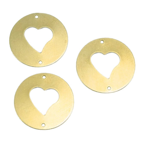 Heart Connector 30mm raw brass circle tag, thickness : 1mm 18 gauge , 1995-380