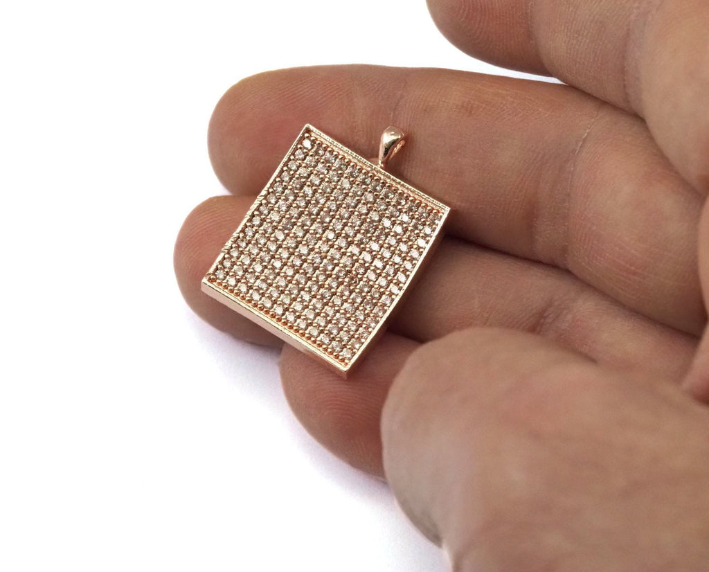 Micro Pave Curved Rectangle 27.5x20mm  Rose  Gold plated Brass with crystal Pendant 2142