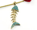 Micro Pave Fishbone pendant one loop Gold plated Brass with blue crystals 2142