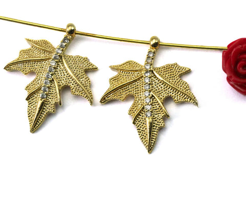 Micro Pave Leaf pendant one loop Gold plated Brass with crystals Sycamore leaf 2142