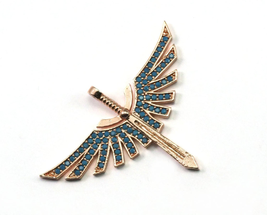 Micro Pave Angel wing Sword pendant  with loop Rose Gold plated Brass with Blue crystal 2142