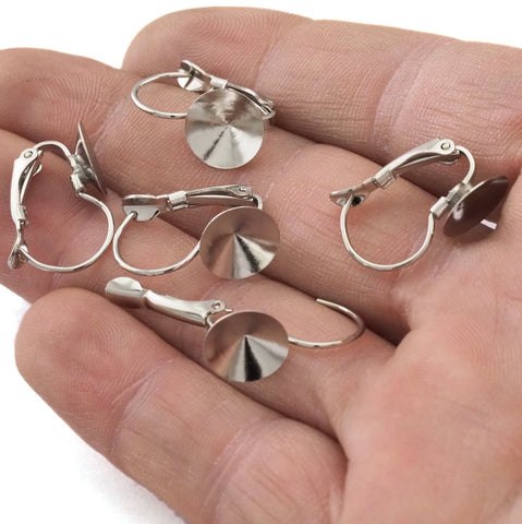 Earring wire earring Clips with Bezel (10mm setting) Silver Tone (Nickel Free) brass  19x14mm 2362
