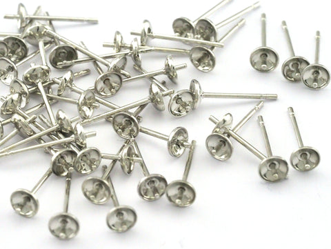 Earring Stud Wire with Bezel (4mm inner) Silver Tone (Nickel Free) brass 13.5mm 2364