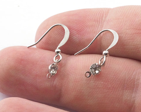 Earring Wire Earring Hooks with Crystal and Loop (2mm inner) Silver Tone (Nickel Free) brass  21mm 2363