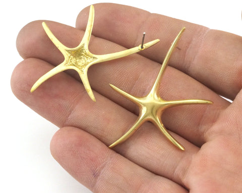 Starfish Stud Earring Post Raw Brass 48x35mm  2474