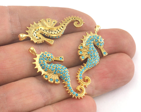 Micro Pave Seahorse Pendant Gold Plated Brass 34x14.5mm findings OZ3470